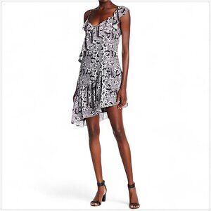 Parker Lyla Dress Black and White Floral Ruffle Asymmetrical One Shoulder Size L